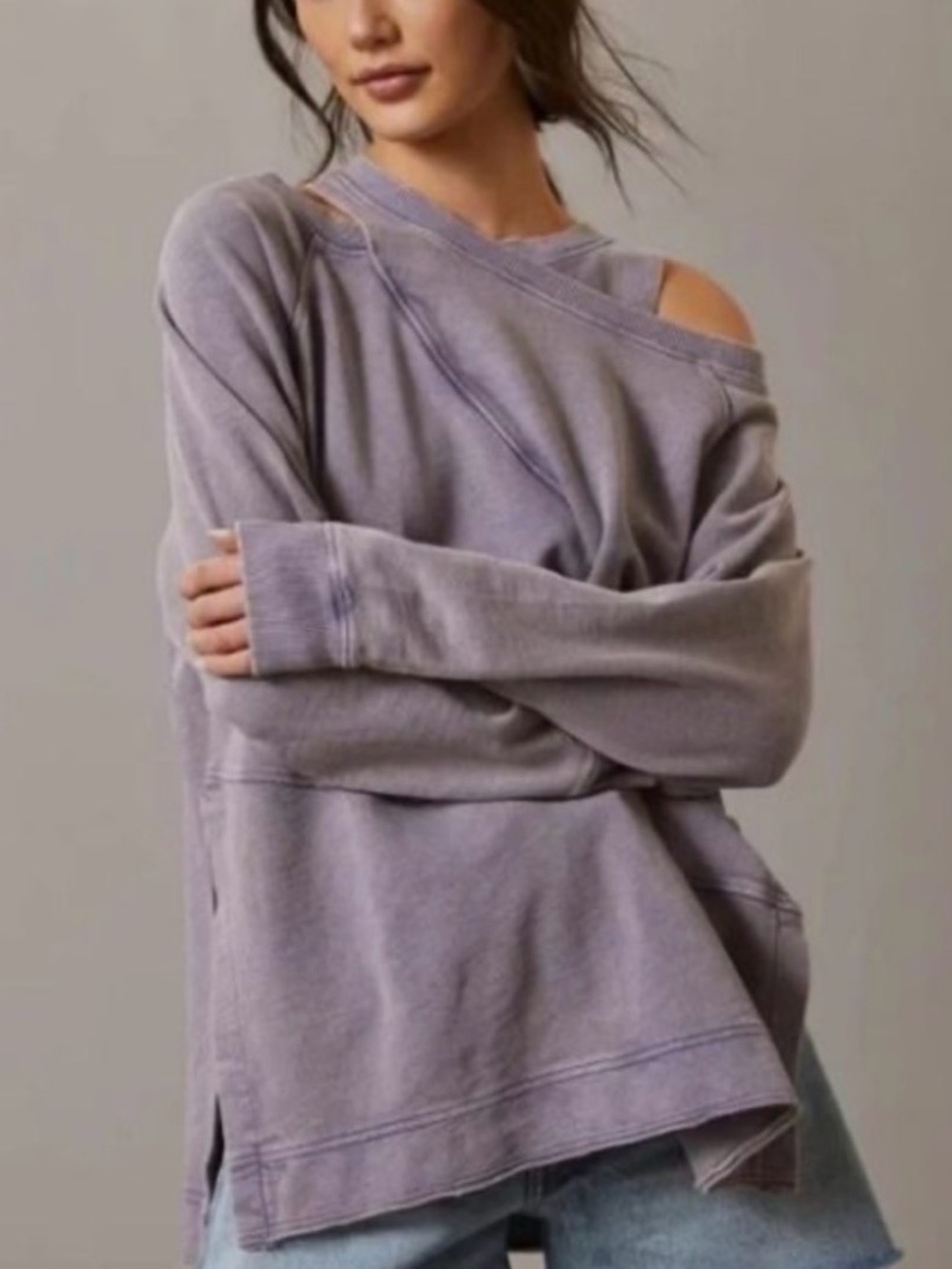 Anthropologie Pilcro Crossover Cold Shoulder Oversized Sweatshirt Purple Small